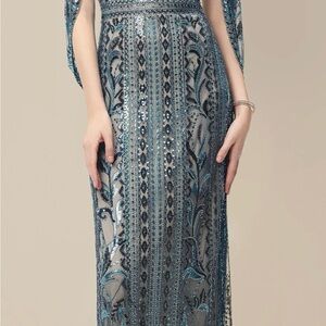 Elegant Teal Beaded Long Sleeve Evening Dress